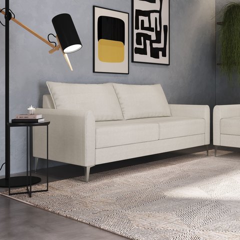Sofá Living Davos 3 Lugares Estrutura Eucalipto Pés em Alumínio Tecido Linho 1,80m Branco Off White