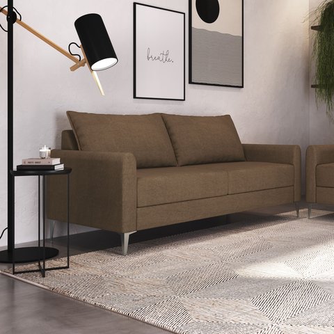 Sofá Living Davos 3 Lugares Estrutura Eucalipto Pés em Alumínio Tecido Linho 1,80m Marrom
