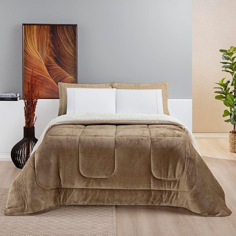 Coberdrom Diamond Casal Queen Sherpa com Manta Flannel 01 Peça - Cáqui Bege