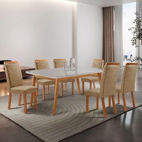 Conjunto de Jantar Copper 6 Lugares Tampo MDF com Vidro Serigrafado Amadeirado 180cm Moderna