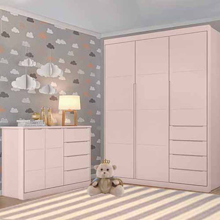 Quarto completo Infantil com Guarda Roupa 3 Portas e 4 Gavetas + Cômoda 2 Portas e 4 Gavetas Pérola  - 1