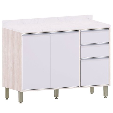 Balcão para Cozinha 120 Cm 2 Portas 3 Gavetas Atenas Cinza Cristal