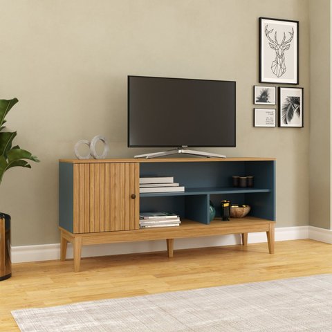 Rack para TV até 50 Polegadas 136cm Pés em Madeira Maciça 1 Porta Linha Riscado Cinza