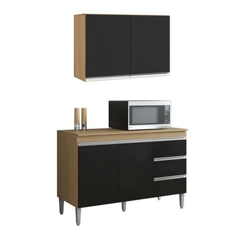 Armário Aéreo Andréia 80 Cm Balcão de Cozinha com Tampo 100 Cm Preto Amêndoa - Ajl