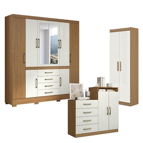 Guarda Roupa Casal Nápole 2045149 e Armário Multiuso 2000191 e Cômoda Londres Atacama Off White - Ar