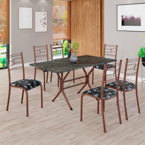 Conjunto Sala de Jantar Mesa Retangular 140x75cm Tampo Pedra Ardósia Indiana 6 Cadeiras Paraty Marrom/Preto Floral