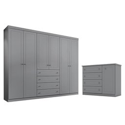 Jogo de Quarto Mississipi Guarda Roupa 6 Portas com Cômoda Cinza - Móveis Henn - 1