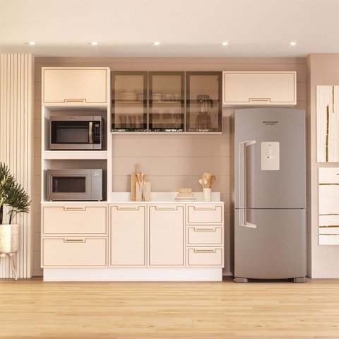Cozinha Compacta Amara 8 Portas 4 Gavetas com Vidro Creme/branco - Politorno