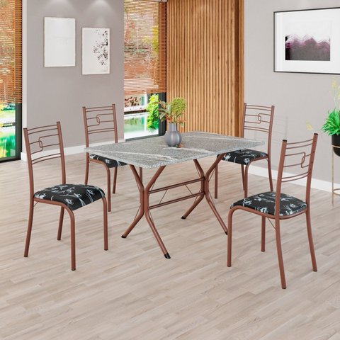 Conjunto Sala de Jantar Mesa Retangular 100x60cm Tampo Granito Topázio 4 Cadeiras Paraty Marrom/Preto Floral
