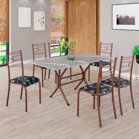 Conjunto Sala de Jantar Mesa Retangular 140x75cm Tampo Granito Topázio 6 Cadeiras Paraty Marrom/Preto Floral