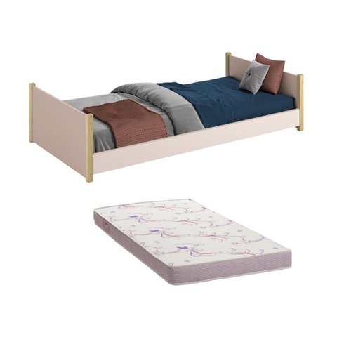 Cama Evolutiva Solteiro Ravi 2 em 1 com Pés Madeira Natural com Colchão - Reller - Rosa Fosco