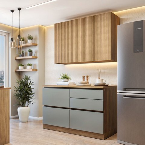 Cozinha Completa Modulada 2 Peças 3 Portas 4 Gavetas com Rodapé Norten Marrom/Verde/Nature
