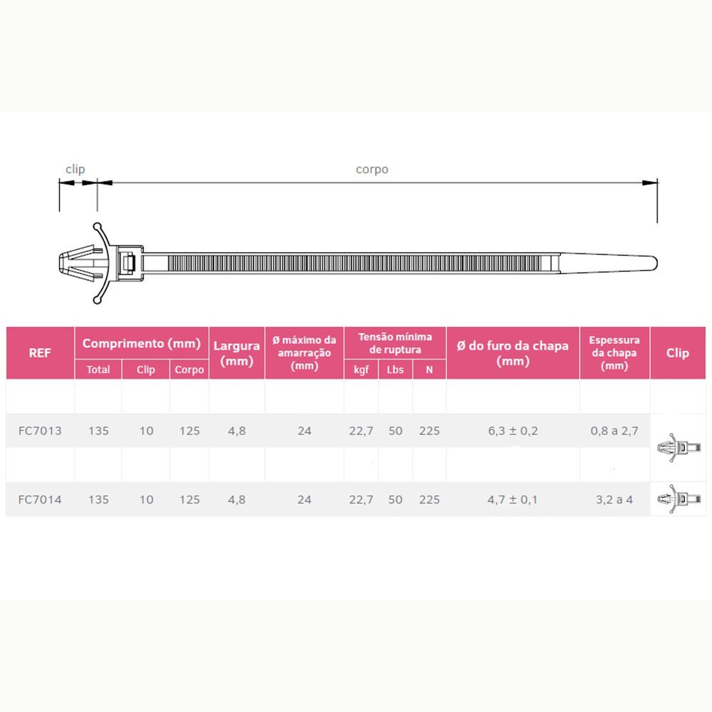 Abraçadeira Cinta Plastica Chicote Vw 13,5cm Pct 100 Unid FIAMON Abrac c Clip Ø 4.7 - 2