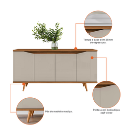Buffet Aparador 4 Portas Sala de Estar Jantar Pé Madeira Off White / Cedro - 3