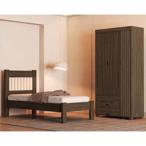Kit Quarto Bela Solteiro de Mdf Cama + Guarda Roupa 3 Portas Designer Moderno Ripado