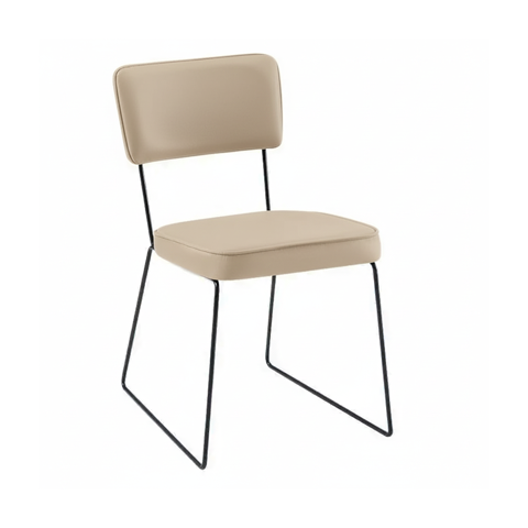 Cadeira de Jantar Minimalista Roma Tecido Couríssimo Bege Base Aço Preto - Ooca Móveis