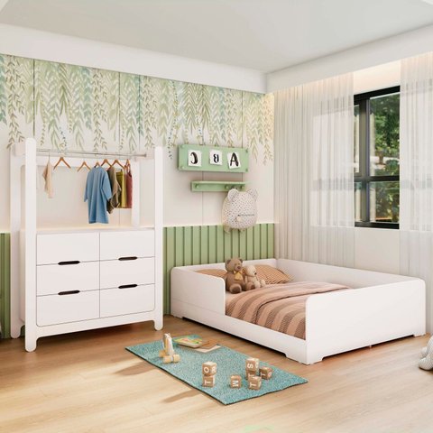 Quarto Infantil Completo Guarda-roupa Closet e Cama Casal Montessoriana 100% Mdf Olivia e Mark