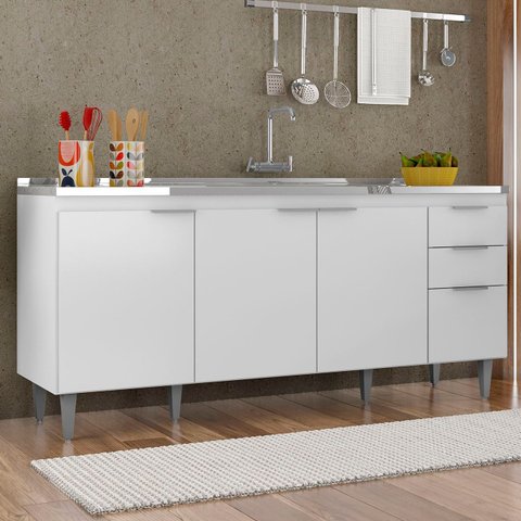Balcão de Cozinha com Pia Inox 180cm Pérola Z34 Branco - Mpozenato