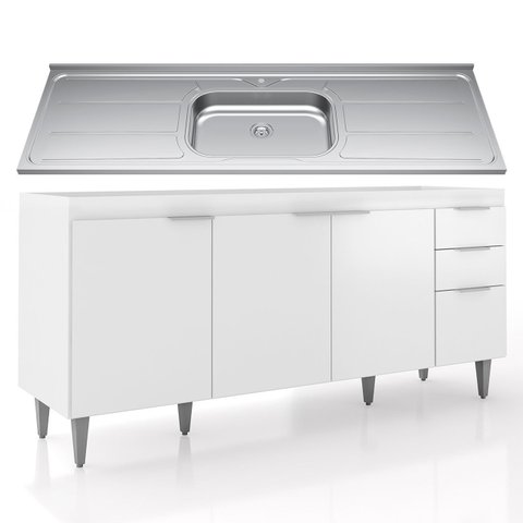 Balcão de Cozinha com Pia Inox 180cm Pérola Z34 Branco - Mpozenato