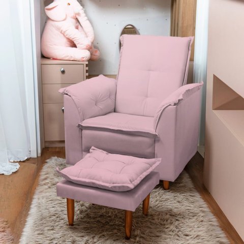 Poltrona Amamentação e Puff Ariel Suede Rosa Bebê Pés Palito Tana Decor Newbelle Decor