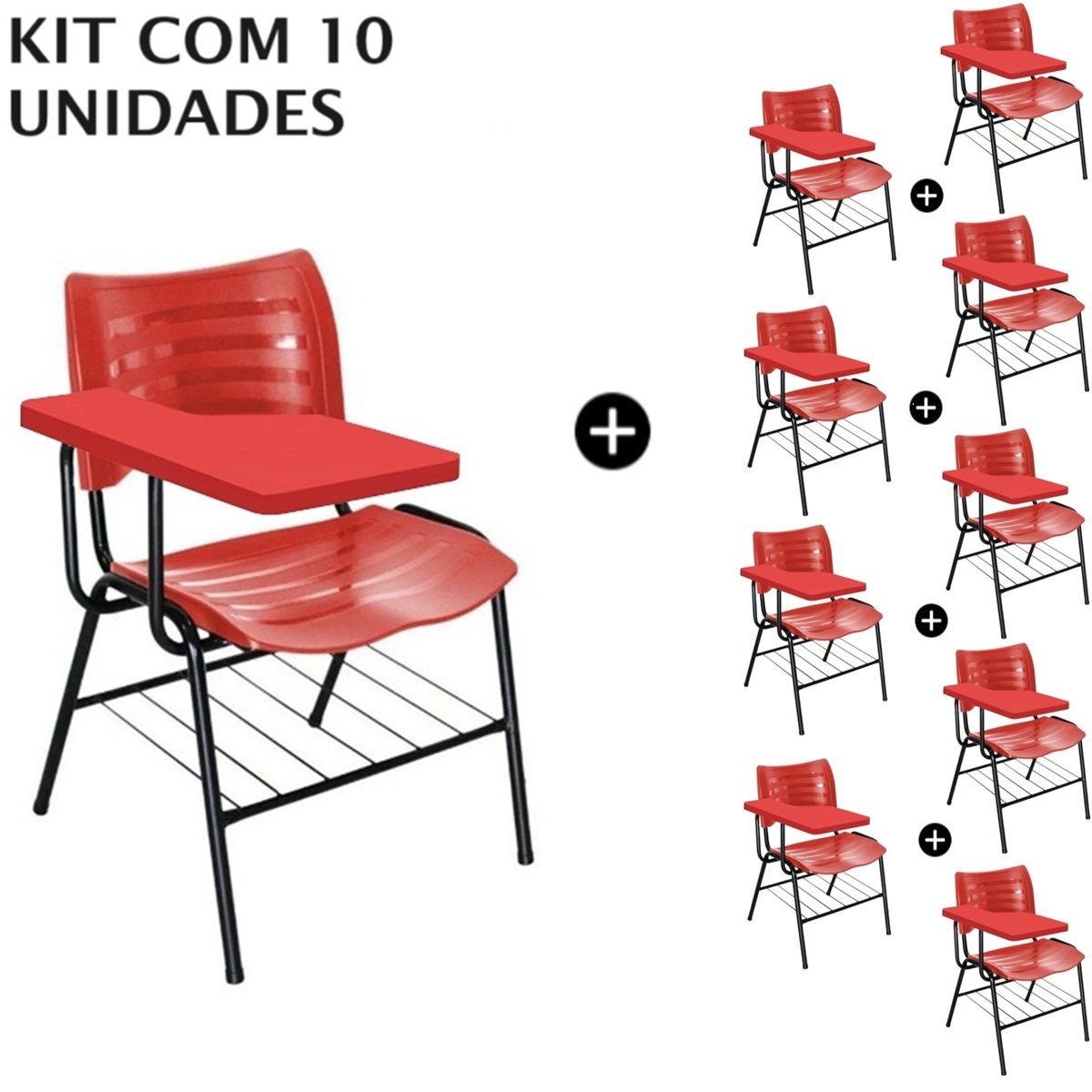 Kit 10 Cadeiras Universitárias Vermelho com Porta Livros Prancheta Plástica - 2