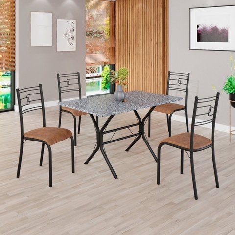 Conjunto Sala de Jantar Mesa Retangular 100x60cm Tampo Granito Ocre 4 Cadeiras Paraty Preto/C. Marrom/Fosco