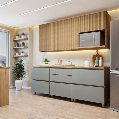Cozinha Completa Modulada 4 Peças 6 Portas 4 Gavetas Norten Marrom/Verde/Nature
