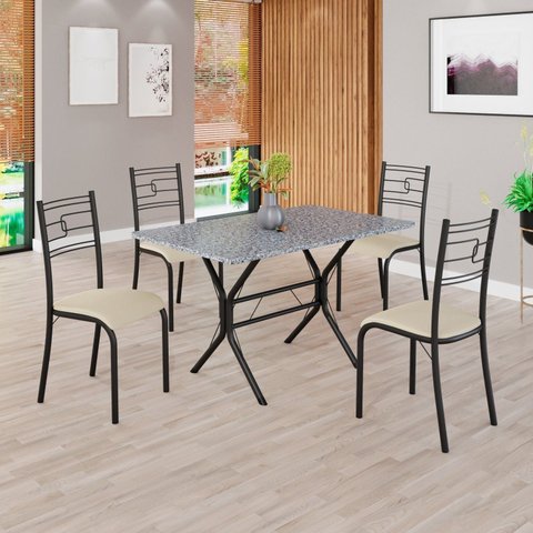 Conjunto Sala de Jantar Mesa Retangular 100x60cm Tampo Granito Ocre 4 Cadeiras Paraty Preto/Creme/Fosco