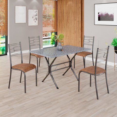 Conjunto Sala de Jantar Mesa Retangular 100x60cm Tampo Granito Ocre 4 Cadeiras Paraty Prata/C. Marrom/Mart