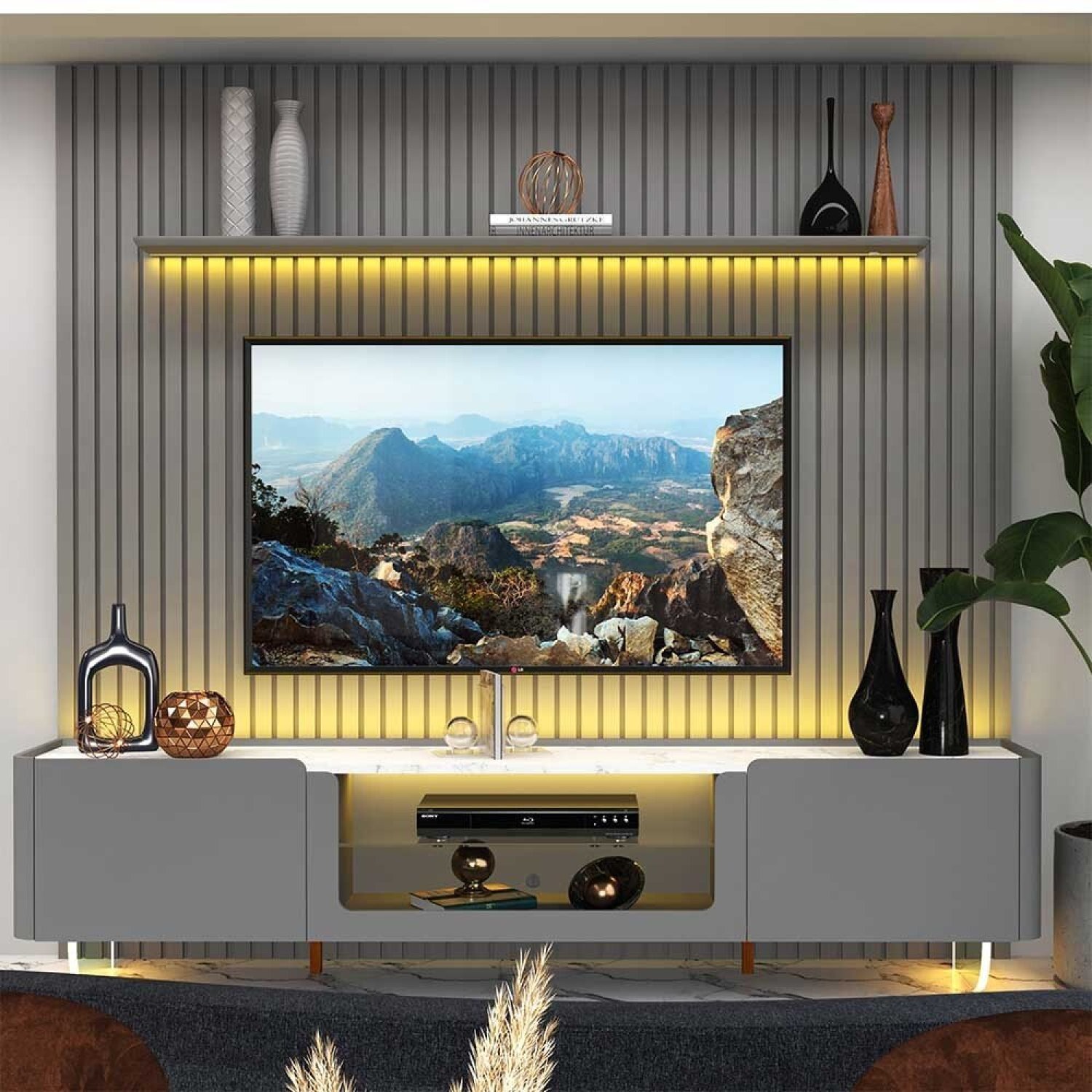 Rack com Painel Ripado para Tv até 85 Polegadas Led Pés Vidro 230cm Nobre/splendore Yescasa - 5