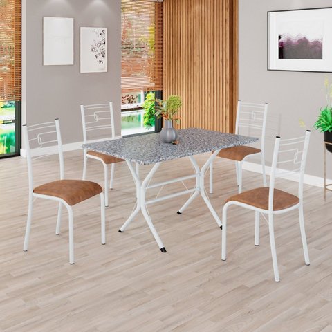 Conjunto Sala de Jantar Mesa Retangular 100x60cm Tampo Granito Ocre 4 Cadeiras Paraty Branco/C. Marrom