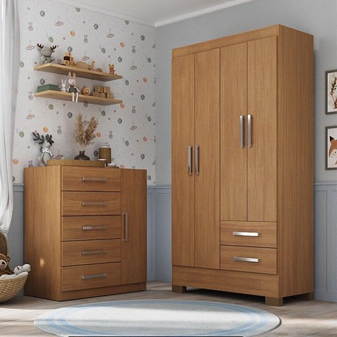 Quarto Infantil Completo Guarda Roupa 4 Portas 2 Gavetas com Cômoda Amy Espresso Móveis Bege/Cinamomo