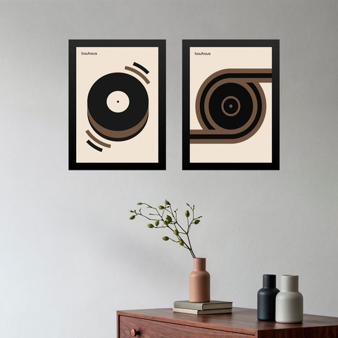 Kit 2 Quadros Bauhaus Discos - Marrom 24x18cm:moldura Preta