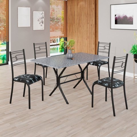 Conjunto Sala de Jantar Mesa Retangular 120x75cm Tampo Granito Ocre 4 Cadeiras Paraty Preto/Floral/Fosco