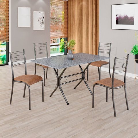 Conjunto Sala de Jantar Mesa Retangular 120x75cm Tampo Granito Ocre 4 Cadeiras Paraty Prata/C. Marrom/Mart