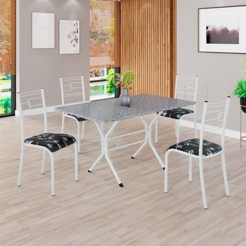 Conjunto Sala de Jantar Mesa Retangular 120x75cm Tampo Granito Ocre 4 Cadeiras Paraty Branco/Preto Floral