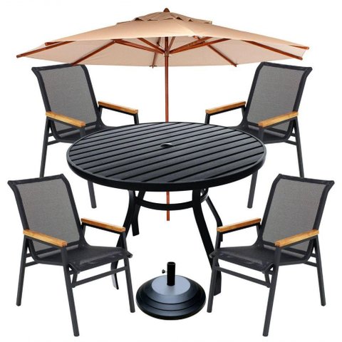 Kit 4 Cadeiras Alumínio + 1 Mesa Ripada Ø120CM com Guarda Sol Piscina Jardim Preto
