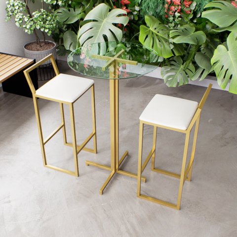 Jogo Mesa Alta Bistrô Redonda Vidro 2 Banquetas Estofado Confort Industrial Dourado Don Castro Decor