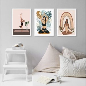 Kit 3 Quadros Decorativos Yoga e Plantas 33x24cm - com Vidro:madeira Branca