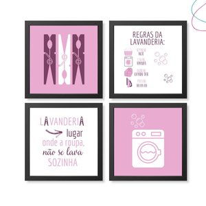 Kit com 4 Quadros Decorativos Lavanderia moldura e vidro:Preta