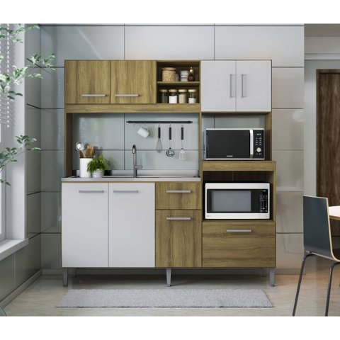 Cozinha Compacta 8 Portas 1 Gaveta e 3 Nichos 186cm 2203 Yescasa Marrom/Carvalho Dakar/Branco