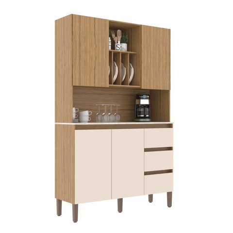Armário Kit Cozinha com 4 Portas, 3 Gavetas AC4430 Bege/Marromle/Cristalo/Petra