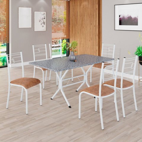 Conjunto Sala de Jantar Mesa Retangular 140x75cm Tampo Granito Ocre 6 Cadeiras Paraty Branco/C. Marrom