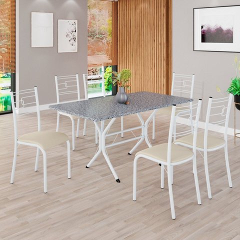 Conjunto Sala de Jantar Mesa Retangular 140x75cm Tampo Granito Ocre 6 Cadeiras Paraty Branco/Creme
