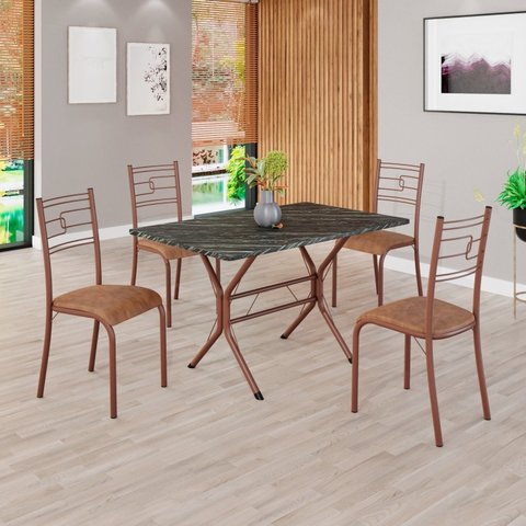 Conjunto Sala de Jantar Mesa Retangular 100x60cm Tampo Pedra Ardósia Indiana 4 Cadeiras Paraty Marrom/C.