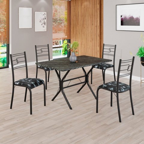 Conjunto Sala de Jantar Mesa Retangular 100x60cm Tampo Pedra Ardósia Indiana 4 Cadeiras Paraty Preto/Floral/Fosco