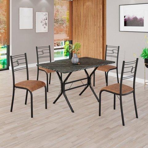 Conjunto Sala de Jantar Mesa Retangular 100x60cm Tampo Pedra Ardósia Indiana 4 Cadeiras Paraty Preto/C. Marrom/Fosco