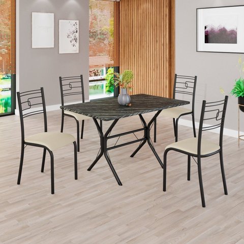 Conjunto Sala de Jantar Mesa Retangular 100x60cm Tampo Pedra Ardósia Indiana 4 Cadeiras Paraty Preto/Creme/Fosco