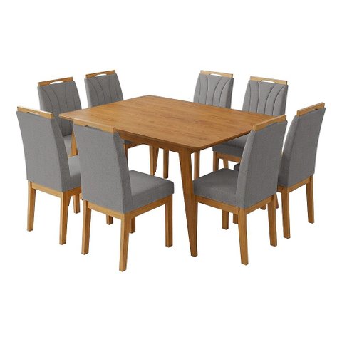 Conjunto Mesa Jantar 120x90 com 8 Cadeiras Blend Pés Madeira Maciça Design Elegante - Cinza Escuro