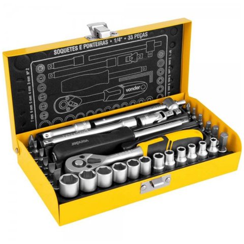 Jogo de Soquetes e Ponteiras com Encaixe de 1/4" 4,0 Mm a 13,0 Mm com 33 Peças Vonder